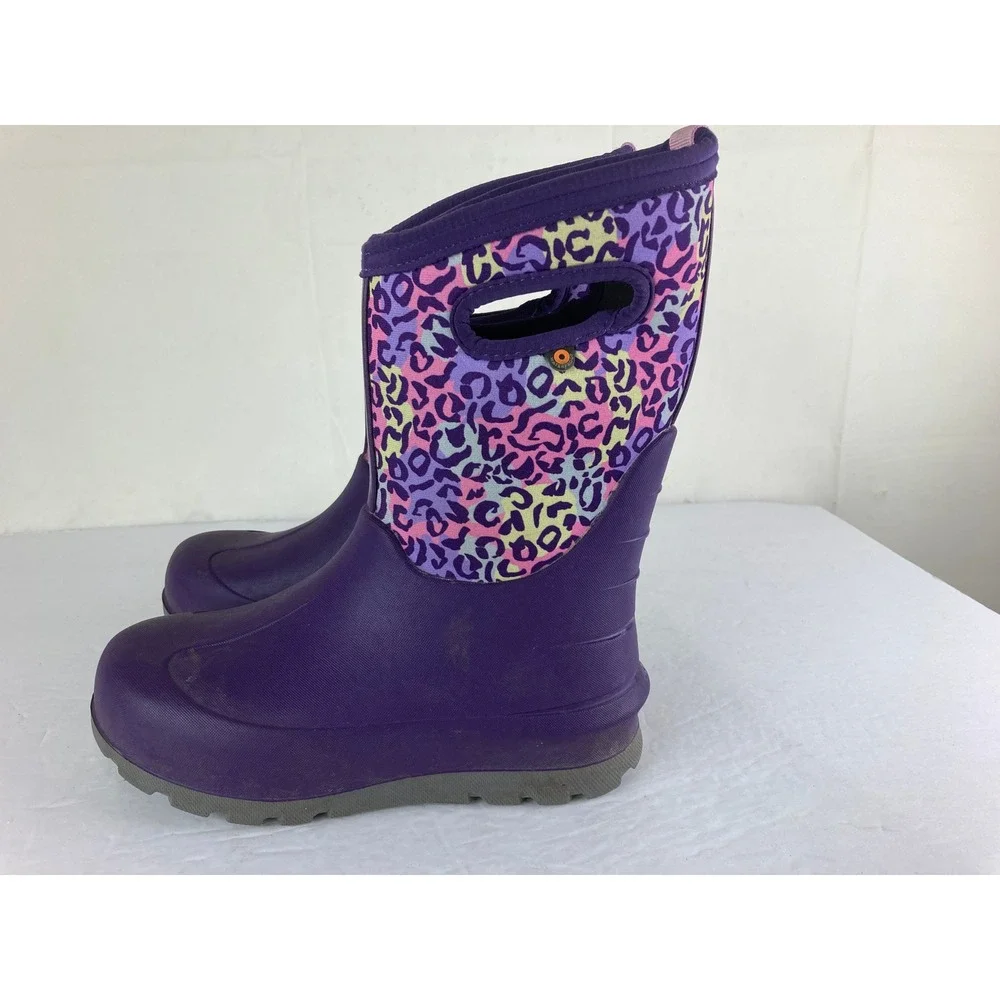 Bogs Classic Neo-Leopard Boots Girls Sz 3 Purple Waterproof‎ Insulated Snow Rain